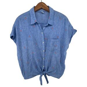 Old Navy Women Top Sz L Blue Gingham Linen Tie-Waist Flamingo Embroidered Beachy